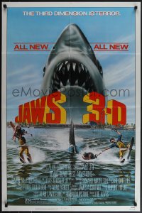 5r0619 JAWS 3-D 1sh 1983 Dennis Quaid, great Gary Meyer shark art, the third dimension is terror!