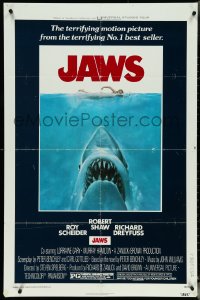 5r0615 JAWS 1sh 1975 art of Spielberg's classic man-eating shark attacking naked swimmer!