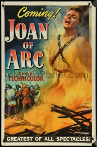 5r0624 JOAN OF ARC style C teaser 1sh 1948 art of Ingrid Bergman being burned at the stake!