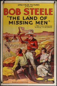 5r0649 LAND OF MISSING MEN 1sh R1930s art of western cowboy Bob Steele, Fuzzy & woman in gunfight!