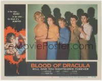 5r1167 BLOOD OF DRACULA LC #8 1957 great close up of five scared girls, cool vampire border art!