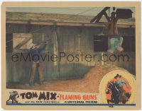 5r1228 FLAMING GUNS LC 1932 Tom Mix aims his shotgun at rope hanging man from ceiling!