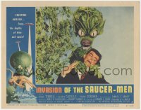 5r1290 INVASION OF THE SAUCER MEN LC #5 1957 fantastic close up of cabbage head alien choking guy!