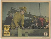 5r1353 MAN FROM UTAH LC R1930s close up of young John Wayne sitting on horse behind gate, rare!