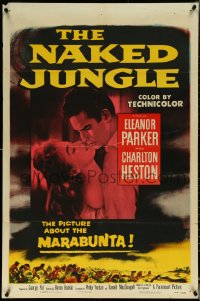 5r0729 NAKED JUNGLE 1sh 1954 romantic close up of Charlton Heston & Eleanor Parker, George Pal