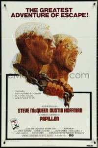 5r0771 PAPILLON 1sh 1973 prisoners Steve McQueen & Dustin Hoffman by Tom Jung, Allied Artists!