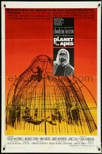 5r0786 PLANET OF THE APES 1sh 1968 Charlton Heston, classic sci-fi, cool art of caged humans!