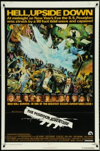 5r0794 POSEIDON ADVENTURE 1sh 1972 art of Gene Hackman & cast escaping by Mort Kunstler!