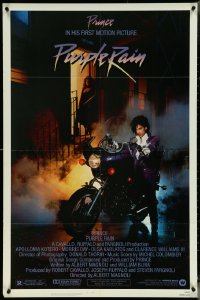 5r0806 PURPLE RAIN 1sh 1984 great image of Prince riding motorcycle, in his first motion picture!