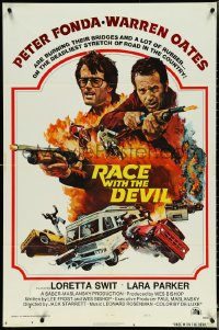 5r0807 RACE WITH THE DEVIL int'l style A 1sh 1975 Peter Fonda & Oates are burning bridges & rubber!