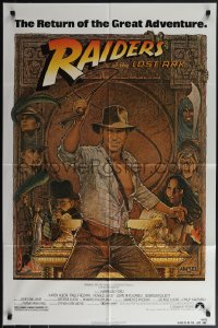 5r0812 RAIDERS OF THE LOST ARK 1sh R1982 great Richard Amsel art of adventurer Harrison Ford!