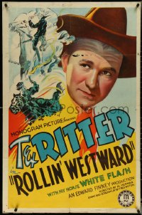 5r0843 ROLLIN' WESTWARD 1sh 1939 wonderful art close up of Tex Ritter & cowboy action, ultra rare!