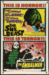 5r0864 SHE BEAST/EMBALMER 1sh 1966 deadlier than Dracula, wilder than the Werewolf, cool art!