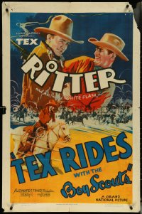 5r0935 TEX RIDES WITH THE BOY SCOUTS 1sh 1937 cool art of Tex Ritter & his horse White Flash!