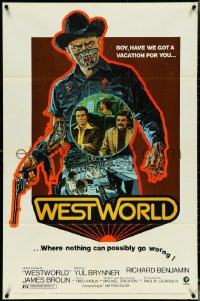 5r0990 WESTWORLD 1sh 1973 Crichton, Adams, nothing can possibly go worng, no shadow tagline design!