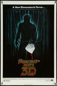 5s0900 FRIDAY THE 13th PART 3 - 3D 1sh 1982 slasher sequel, art of Jason stabbing through shower!