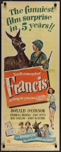 5s0526 FRANCIS THE TALKING MULE insert 1949 Donald O'Connor, Patricia Medina & donkey, ultra rare!