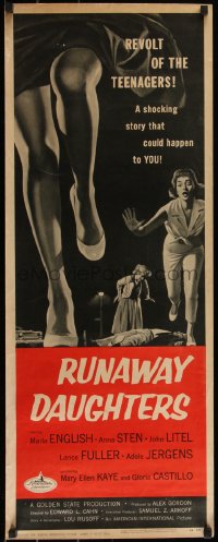 5s0593 RUNAWAY DAUGHTERS insert 1956 cool art of AIP bad girls, they called Marla English jailbait!