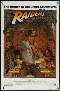 5s1021 RAIDERS OF THE LOST ARK 1sh R1982 great Richard Amsel art of adventurer Harrison Ford!