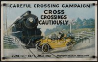 5s0399 CAREFUL CROSSING CAMPAIGN 14x22 special poster 1922 car speeding across tracks, ultra rare!