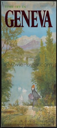 5s0298 TIME OFF GENEVA foil 13x28 English travel poster 1970s Liz Reber art, ultra rare!