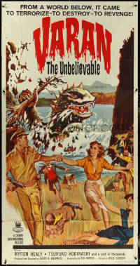 5t0459 VARAN THE UNBELIEVABLE 3sh 1962 art of dinosaur with hands destroying civilization, rare!