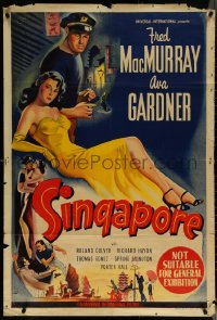 5t0511 SINGAPORE Aust 1sh 1947 sexy Ava Gardner + seaman Fred MacMurray with gun, ultra rare!