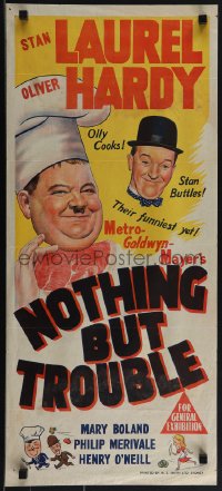 5t0533 NOTHING BUT TROUBLE Aust daybill 1945 great art of Stan Laurel & Oliver Hardy, ultra rare!