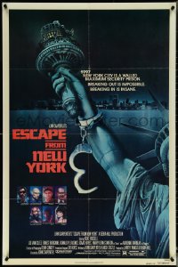 5t0916 ESCAPE FROM NEW YORK advance 1sh 1981 Carpenter, art of handcuffed Lady Liberty by Stan Watts!