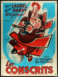 5t0141 FLYING DEUCES French 1p R1950s art of Stan Laurel & Oliver Hardy + crashed airplane!