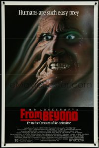 5t0944 FROM BEYOND 1sh 1986 H.P. Lovecraft, wild sci-fi horror image, humans are such easy prey!