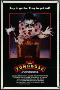 5t0947 FUNHOUSE int'l 1sh 1981 Hooper, creepy carnival clown jack-in-the-box with axe horror image!