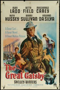 5t0968 GREAT GATSBY 1sh 1949 misleading art of Alan Ladd in trench coat surrounded by sexy women!