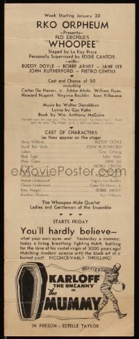 5t0333 RKO ORPHEUM local theater handbill 1932 with art of The Uncanny Boris Karloff as The Mummy!