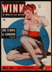 5t0407 WINK magazine March 1949 Peter Driben cover art of sexy redhead, she strips to conquer!