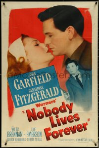 5t1086 NOBODY LIVES FOREVER 1sh 1946 John Garfield with gun & kissing Geraldine Fitzgerald!