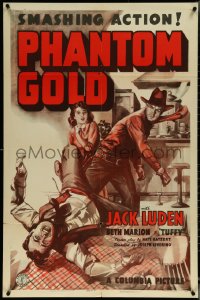 5t1109 PHANTOM GOLD 1sh 1938 cool art of hero Jack Luden knocking bad guy down, ultra rare!