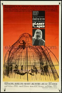 5t1113 PLANET OF THE APES 1sh 1968 Charlton Heston, classic sci-fi, cool art of caged humans!