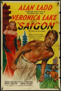 5t1158 SAIGON 1sh 1948 close up of barechested Alan Ladd & sexy Veronica Lake with gun!