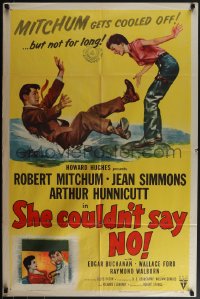 5t1168 SHE COULDN'T SAY NO 1sh 1954 art of sexy short-haired Jean Simmons & Dr. Robert Mitchum!