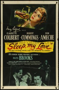 5t1183 SLEEP MY LOVE 1sh 1947 cool art of Claudette Colbert in glass, Robert Cummings, Don Ameche