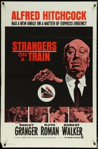 5t1204 STRANGERS ON A TRAIN 1sh R1961 Hitchcock shown + Gasparri art of skeleton handshake!