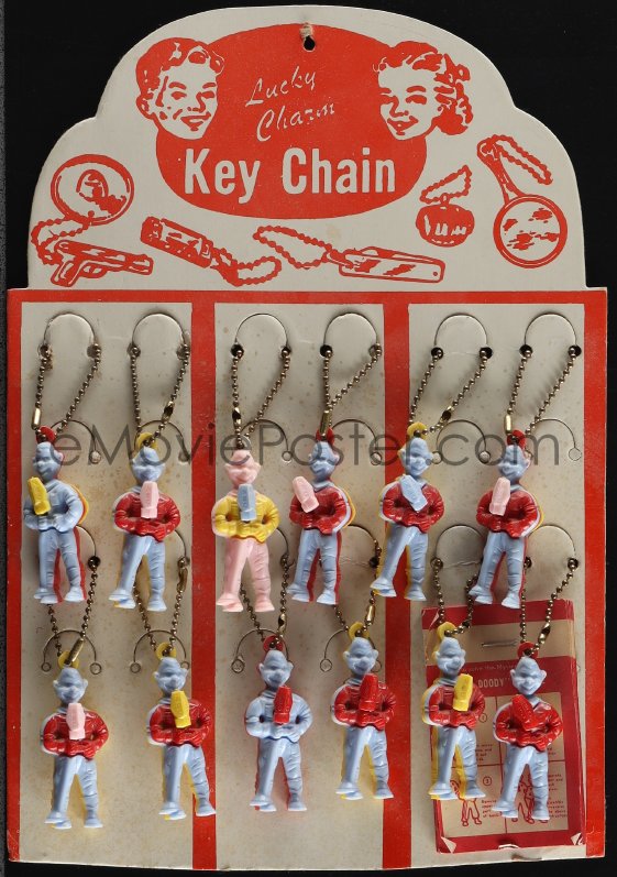 5t0336 HOWDY DOODY SHOW key chain display 1950s twleve lucky charm key  chains in different colors!