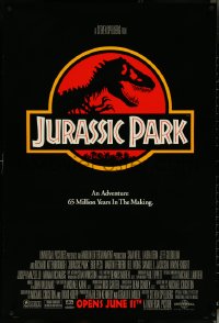 5w0831 JURASSIC PARK advance 1sh 1993 Steven Spielberg, classic logo with T-Rex over red background!