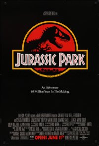 5w0830 JURASSIC PARK advance DS 1sh 1993 Steven Spielberg, logo with T-Rex over red background!