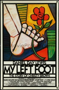 5w0904 MY LEFT FOOT int'l 1sh 1989 Daniel Day-Lewis, cool artwork of foot w/flower by Seltzer!