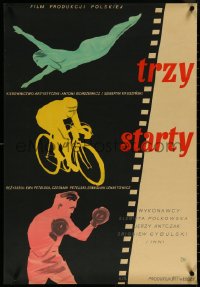 5w0148 THREE STARTS Polish 23x34 1955 cool Chmielewski sports art of diving, cycling and boxing!