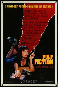 5w0947 PULP FICTION teaser 1sh 1994 Quentin Tarantino, sexy Uma Thurman smoking by black background!