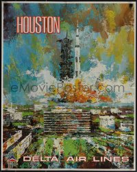 5w0250 DELTA AIR LINES HOUSTON 22x28 travel poster 1975 Jack Laycox art of Saturn V rocket, rare!