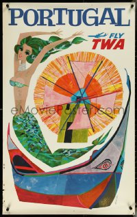 5w0119 TWA PORTUGAL 25x40 travel poster 1960s colorful mermaid art by David Klein, ultra rare!